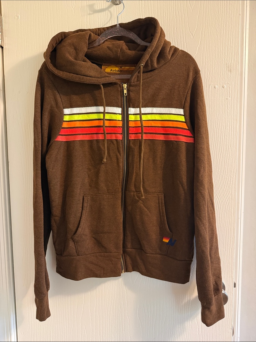 Aviator Nation Brown Zip-Up Hoodie with Retro Stripe Chest